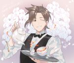  1boy black_bow black_bowtie black_vest bow bowtie brown_hair cup dated grin happy_birthday holding holding_teapot holding_tray idolmaster idolmaster_side-m kamiya_yukihiro kojijima long_sleeves looking_at_viewer male_focus one_eye_closed purple_background shirt smile solo sugar_cube teacup teapot tray upper_body vest white_shirt 