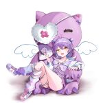  1girl absurdres black_ribbon blush breasts candy crossed_legs detached_wings double_bun food frilled_eyepatch hair_bun hair_ornament harness highres holding holding_candy holding_food holding_lollipop jacket kuwakuma lollipop long_sleeves looking_at_viewer loose_socks multicolored_hair o-ring o-ring_harness oversized_object purple_hair purple_shirt ribbon shinomiya_runa shirt shoes simple_background sitting small_breasts sneakers socks solo stuffed_toy swirl_lollipop thighs too_many_hair_ornaments virtual_youtuber vspo! white_background white_chemise white_jacket wings x_hair_ornament yellow_eyes 
