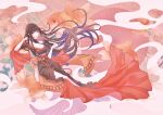  1girl abstract_background absurdres bare_shoulders black_collar black_hair black_kimono collar final_fantasy final_fantasy_xiv fish floating_hair full_body goldfish highres holding holding_smoking_pipe hyur japanese_clothes kimono kiseru long_hair looking_at_viewer naduozi obi obijime off_shoulder open_mouth red_trim sash smile smoking_pipe solo wide_sleeves yellow_eyes yotsuyu_goe_brutus 