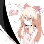  1girl blush bow bowtie bright_pupils brown_horns closed_mouth commentary_request cookie_(touhou) gomennetemple hair_bow highres holding holding_sword holding_weapon horn_bow horn_ornament horns ibuki_suika katana long_hair orange_eyes orange_hair purple_bow red_bow red_bowtie shirt simple_background sleeveless sleeveless_shirt smile solo sword touhou upper_body v-shaped_eyebrows weapon white_background white_pupils white_shirt yamin_(cookie) 