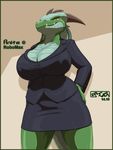  2014 amber_eyes anita_bigtime anthro big_breasts boss breasts business_suit cleavage clothed clothing dragon fangs female floppy_ears green_scales horn huge_breasts jacket ken_sample looking_at_viewer reptile scalie skirt smile smirk solo suit thick_thighs voluptuous wide_hips 