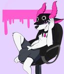  anthro boxers bulge caelyne canine chair clothing dog eyegush hat hellhound horn hyper looking_at_viewer male mammal office_chair penis sitting underwear 