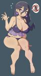  1girl @_@ absurdres alternate_costume bags_under_eyes bikini blue_background blush breasts cleavage commentary earrings fingernails flowerpigeon flying_sweatdrops frilled_bikini frills full_body grey_eyes grey_hair hair_between_eyes hex_maniac_(pokemon_legends:_z-a) highres jewelry large_breasts long_bangs long_hair looking_afar looking_to_the_side open_mouth pokemon pokemon_legends:_z-a purple_bikini purple_nails simple_background sitting solo sphere_earrings swimsuit 