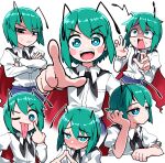  1girl :d akanbe anger_vein antennae black_cape blush bright_pupils cape closed_mouth collared_shirt commentary_request embarrassed expressionless eyelid_pull frown green_eyes green_hair grin highres index_fingers_together long_sleeves looking_at_viewer multiple_expressions multiple_views nervous_sweating nose_blush open_mouth red_cape shaded_face shirt short_hair simple_background smile solidus_(sword_cube) sweat tongue tongue_out touhou two-sided_cape two-sided_fabric upper_body white_background white_pupils white_shirt wriggle_nightbug 