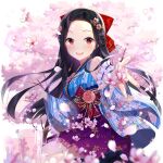  1girl :d bare_shoulders black_hair blue_sky blurry blurry_background blurry_foreground blush bow branch breasts bug butterfly cherry_blossoms clarice_lapis collarbone cowboy_shot day depth_of_field detached_sleeves dress egasumi floral_print flower forehead frills hair_bow hair_flower hair_ornament hair_ribbon hairclip hakama holding japanese_clothes jewelry kimono long_hair long_sleeves looking_at_viewer medium_breasts non-web_source obi open_mouth outdoors outstretched_arm outstretched_hand parted_bangs petals pink_flower pleated_skirt print_kimono red_bow red_eyes red_flower ribbon round_teeth salt_(salty) sash skirt sky sleeveless sleeveless_kimono small_breasts smile socks solo standing teeth thighhighs uchi_no_hime-sama_ga_ichiban_kawaii upper_teeth_only very_long_hair white_flower wide_sleeves 