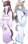  2girls almond_eye_(umamusume) animal_ears back_bow bag blue_eyes blue_kimono blush bow bow_hairband brown_hair commentary_request ear_covers feet_out_of_frame floral_print floral_print_kimono gloves hairband handbag highres horse_ears horse_girl horse_tail japanese_clothes kimono lace-trimmed_gloves lace-trimmed_kimono lace_trim long_hair looking_at_viewer lucky_lilac_(umamusume) multiple_girls obi obijime pof_(peuplierpof) print_kimono purple_kimono sash simple_background single_ear_cover standing star_(symbol) star_print tail umamusume white_background white_bow white_hairband yukata 