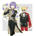  2boys ? arms_at_sides ascot black_jacket black_pants black_shorts blonde_hair border brown_eyes cape char_aznable chromatic_aberration corsage cosplay cropped_legs edelgard_von_hresvelg edelgard_von_hresvelg_(cosplay) epaulettes fire_emblem fire_emblem:_three_houses flower garma_zabi garreg_mach_monastery_uniform gloves grey_background grin gundam hand_on_own_elbow hand_up high_collar highres jacket juliet_sleeves kucha_(ynn6c) long_sleeves male_focus mobile_suit_gundam multiple_boys outline outside_border pants pantyhose parted_lips puffy_sleeves purple_flower purple_hair purple_rose red_cape red_pantyhose rose short_hair shorts simple_background smile sparkle sunglasses white_ascot white_border white_gloves yellow_outline 