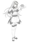  absurdres androgynous apron bow bowtie chevalier_d'eon_(fate) chevalier_d'eon_(maid_knight)_(fate) dress fate/grand_order fate_(series) food frills garter_straps highres holding holding_plate just_we lace-trimmed_legwear lace_trim layered_dress long_hair maid maid_headdress mary_janes original pancake patch plate shoes smile solo solo_focus spoon thighhighs white_apron 