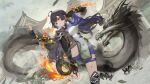  architecture black_hair braid breasts china_dress chinese_clothes dragon dress east_asian_architecture eastern_dragon fingerless_gloves gloves highres leg_armor leg_up medium_breasts red_eyes shorts smile starward sunga2usagi twintails xiaoling_(starward) 