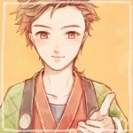  1boy blush bokujou_monogatari bokujou_monogatari:_mittsu_no_sato_no_taisetsuna_tomodachi border brown_eyes brown_hair closed_mouth collarbone curtained_hair green_haori hair_bobbles hair_ornament hand_up haori hinata_(bokujou_monogatari) inset_border japanese_clothes jinbei looking_at_viewer male_focus paper_texture parted_bangs portrait rattail reaching reaching_towards_viewer salad726 short_hair smile solo spiked_hair white_border yellow_background 