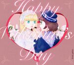  2girls alternate_costume aristocratic_clothes bib_collar blonde_hair blue_eyes blue_hat blue_shirt blunt_bangs boater_hat bob_cut bokujou_monogatari bokujou_monogatari:_mineral_town_no_nakama_tachi bokujou_monogatari:_saikai_no_mineral_town border bow bowtie brown_border brown_hair chocolate choker claire_(bokujou_monogatari) elli_(bokujou_monogatari) feeding flower food frilled_headwear frilled_shirt_collar frilled_sleeves frills green_eyes hair_between_eyes happy_valentine hat heart_frame high_collar highres holding holding_chocolate holding_food inset_border lace lace-trimmed_headwear lace_choker lace_trim lily_(flower) long_hair long_sleeves looking_at_another maid_headdress multiple_girls open_mouth puffy_long_sleeves puffy_sleeves shirt teeth twitter_username upper_teeth_only user_ptvp4444 white_bow white_bowtie white_choker white_flower white_shirt wing_collar yuri 