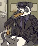 5:6 anthro artist_name bear bench bottomless city clothed clothing eating_feces erection feces feces_in_mouth feces_in_urethra feces_on_penis genitals giant_panda hat headgear headwear hi_res holding_feces jacket leather leather_clothing leather_daddy leather_hat leather_headgear leather_headwear leather_jacket leather_necktie leather_shirt leather_topwear looking_at_viewer male mammal necktie obrien_(artist) outdoor_nudity outside partial_nudity penis public public_nudity road shirt smelly solo stink_fumes stink_lines text topwear topwear_only urban urban_background