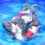  2015 anthro anus areola breasts duo female fish gills lonbluewolf lying marine nipples nude on_back purple_nipples pussy red_sclera remora shark size_difference smile teeth water yellow_eyes 