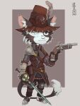 3:4 anthro arm_armor armored_boots belt blue_eyes bone book boots chainmail clothing coat costume domestic_cat fake_eye felid feline felis flintlock_pistol footwear gloves handwear hat headgear headwear hi_res jewelry leather leather_clothing leather_coat leather_topwear male mammal melee_weapon pink_nose plantigrade rapier shoes skull solo sword topwear tuxedo_cat vermintide warhammer_(franchise) warhammer_fantasy weapon