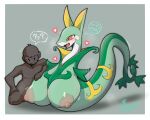 5:4 absurd_res areola bayonet_(artist) big_breasts blush breasts busty_feral female female_feral feral generation_5_pokemon green_body heart_symbol hi_res huge_breasts human male mammal nintendo nipples nude pokemon pokemon_(species) reptile scalie serperior simple_background snake