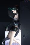  1girl absurdres arknights bare_shoulders bitey_(arknights) black_hair black_shorts breasts can cellphone chinese_commentary cleavage colored_extremities commentary_request dark dolphin_shorts dragon_girl dragon_horns dragon_tail drink drink_can dusk_(arknights) from_side ghosty_(xiaobai) hair_bun highres holding holding_drink holding_phone horns indoors long_hair looking_at_phone making-of_available medium_breasts night orange_eyes phone pointy_ears procreate_(medium) profile refrigerator screen_light shorts smartphone solo spaghetti_strap standing standing_on_one_leg sticker strap_slip tail 
