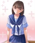  1girl anegasaki_nene blue_neckerchief blue_sailor_collar blue_skirt blush brown_eyes brown_hair closed_mouth collarbone cowboy_shot desk gradient_background head_tilt highres looking_at_viewer love_plus medium_hair mole mole_under_eye neckerchief official_art pink_background pleated_skirt plus_sign purple_eyes sailor_collar school_desk school_uniform serafuku short_sleeves sitting sitting_on_table skirt smile solo summer_uniform white_background 