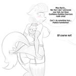  2015 anthro anthrofied blush breasts butt clothed clothing coco_pommel_(mlp) collar dialogue digital_drawing_(artwork) elbow_gloves english_text equine female flower friendship_is_magic garter_belt gloves hair horse jrvanesbroek legwear mammal miniskirt monochrome my_little_pony nipple_bulge pasties plant pony sign sketch skimpy skirt solo stockings text 