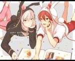  2boys animal_ear_hood animal_ears asymmetrical_hair barefoot black_border book border brown_eyes closed_mouth confetti english_text fake_tail feet_out_of_frame grey_background hand_on_own_cheek hand_on_own_face happy happy_birthday hat hat_ornament hood hood_up hooded_jacket idolish7 jacket kujou_tenn legs_up letterboxed long_sleeves looking_at_object lying male_focus mini_party_hat multiple_boys nanase_riku nau_(rg_sn79) on_stomach open_book open_mouth outside_border pants photo_album pink_hat pink_pants puffy_short_sleeves puffy_sleeves rabbit_ears rabbit_tail red_eyes red_hair red_hat red_shorts short_hair short_sleeves shorts smile star_(symbol) star_hat_ornament streamers striped_hat sweatpants tail teeth upper_teeth_only white_border white_hair white_jacket 