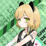  1girl absurdres alternate_costume animal_ears armlet asymmetrical_sidelocks bandaged_arm bandages bare_shoulders black_vest blonde_hair blue_archive blunt_bangs blunt_sidelocks cat_ears chain character_background checkered_background chinese_commentary closed_mouth commentary death_momoi_(meme) doodle_background ear_piercing facial_mark fake_animal_ears fake_scar green_background green_eyes green_halo hair_ornament halo highres jewelry leather leather_vest looking_at_viewer marshal_(artist) medium_hair meme midori_(blue_archive) momoi_(blue_archive) mouth_hold necklace parted_bangs patterned_background peroro_(blue_archive) piercing shirt shoulder_tattoo sidelocks sleeveless sleeveless_shirt solo spiked_armlet spikes stalk_in_mouth tattoo upper_body vest white_shirt 