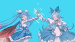  2girls :d blue_background blue_bow blue_eyes blue_hair blue_skirt blue_theme blush bow cape cure_sky detached_sleeves fingerless_gloves gloves gradient_hair hair_bow heart heart_print hello_silly0081 hirogaru_sky!_precure leotard long_hair magical_girl multicolored_hair multiple_girls pink_hair precure princess_ripple princession_orchestra red_cape short_sleeves showgirl_skirt skirt smile sora_harewataru standing thigh_gap thighhighs twintails underbust very_long_hair white_gloves white_leotard white_sleeves white_thighhighs zettai_ryouiki 