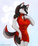  &lt;3 abstract_background anthro blush breasts canine chinese_clothing chinese_dress claws clothed clothing dress female looking_at_viewer mammal red_eyes silver-spirit666 slim smile solo standing tongue tongue_out wolf yayen_silverspirit 