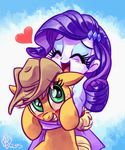  &lt;3 2015 applejack_(mlp) blonde_hair blush clothing cowboy_hat duo equestria_girls equine eyes_closed female freckles friendship_is_magic green_eyes hair hairpin hat horse hug human mammal my_little_pony pony purple_hair rarity_(eg) whitediamonds 