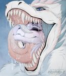 ambiguous_form ambiguous_gender ambiguous_pred ambiguous_prey artist_name blue_eyes bodily_fluids closed_smile dragon drooling duo eyes_closed fangs fur furred_dragon furred_scalie in_mouth mouth_closed mouth_shot multicolored_eyes mythological_creature mythological_scalie mythology open_mouth oral_vore purple_eyes saliva saliva_on_tongue saliva_string santanahoffman scalie sharp_teeth simple_background smile teeth text two_tone_eyes vore white_body white_fur