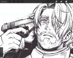  1boy art_program_in_frame beard challia_bull close-up facial_hair grid_background gun gun_to_head gundam gundam_gquuuuuux hair_over_one_eye handgun highres holding holding_gun holding_weapon imminent_suicide male_focus mecha_pilot_suit momochi_(bmbmomomo) monochrome mustache open_mouth short_hair solo weapon 