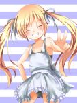  1girl ^_^ apron bare_shoulders black_one-piece_swimsuit blonde_hair blue_ribbon chikuwa_savy closed_eyes collarbone cowboy_shot flat_chest frilled_apron frills hair_ribbon highres long_hair misawa_maho nearly_naked_apron one-piece_swimsuit ribbon rou-kyuu-bu! smile solo standing striped_background swimsuit swimsuit_under_clothes teeth twintails two-tone_background w white_apron 