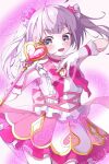 1girl :d ahoge blush bow cowboy_shot dress frills gloves grey_eyes hair_ornament heart highres holding long_hair looking_at_viewer magical_girl nogiro_(usa_ru) open_mouth senju_iroha sleeveless smile solo staff twintails white_gloves wings world_dai_star 