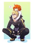  1boy 1girl ahoge black_jacket black_pants blonde_hair boots border closed_mouth fate/grand_order fate_(series) fujimaru_ritsuka_(female) happy hug hug_from_behind jacket leather leather_jacket musical_note one_side_up open_mouth orange_hair pants pink-tinted_eyewear sakata_kintoki_(fate) sakata_kintoki_(rider)_(fate) smile spoken_musical_note squatting sunglasses tinted_eyewear white_border zanshi 