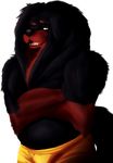  2015 anthro barazoku belly black_fur bulge canine chubby clothed clothing crossed_arms dog fluffy fur half-dressed looking_at_viewer male mammal mane markings mongolian_banhar musclegut muscles noiz open_mouth painting red_fur red_markings shorts solo standing teeth tibetan_mastiff tongue topless yellow_eyes 
