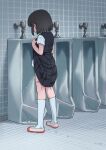  1girl absurdres black_dress black_hair clothes_lift commentary_request dress dress_lift highres indoors lifting_own_clothes original paid_reward_available panties panty_pull pee peeing pinafore_dress pink_panties shirt shoes short_hair short_sleeves sleeveless sleeveless_dress socks solo tamura-chan underwear urinal uwabaki variant_set white_shirt white_socks 