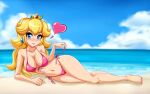  1girl barefoot beach bikini blonde_hair blue_eyes blue_sky blush breasts closed_mouth collarbone commentary crown day english_commentary feet front-tie_bikini_top front-tie_top full_body gold_crown heart highres large_breasts long_hair looking_at_viewer lying mario_(series) navel on_side pink_bikini princess princess_peach sand side-tie_bikini_bottom sigurd_hosenfeld sky smile solo swimsuit water 