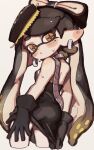  1girl ass black_dress black_gloves blush bow-shaped_hair callie_(alterna)_(splatoon) callie_(splatoon) closed_mouth commentary_request dress earrings food food_on_head from_behind gloves highres inkling jewelry long_hair looking_at_viewer mole mole_under_eye object_on_head official_alternate_costume pointy_ears short_eyebrows solo splatoon_(series) splatoon_3 star-shaped_pupils star_(symbol) sweat symbol-shaped_pupils t4chihi tentacle_hair thick_eyebrows very_long_hair 