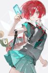  1girl absurdres amate_yuzuriha aqua_eyes aqua_shirt aqua_skirt bag bag_charm charm_(object) cowboy_shot food grey_background grey_sweater_vest gundam gundam_gquuuuuux highres holding holding_food holding_popsicle looking_at_viewer miniskirt necktie pleated_skirt popsicle red_hair school_uniform shirt short_hair short_sleeves shorts shorts_under_skirt shoulder_bag skirt solo suzumi_(ccroquette) sweater_vest tongue tongue_out 