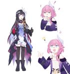  2girls ? bare_shoulders black_boots black_gloves black_hair black_thighhighs blue_eyes boots carpp20 commentary cyrene_(honkai:_star_rail) dress drinking_straw gloves hair_ornament hand_on_own_chin highres honkai:_star_rail honkai_(series) hysilens_(honkai:_star_rail) jitome light_bulb multiple_girls multiple_views pink_hair simple_background standing thighhighs thumbs_up white_background 
