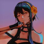  1girl bare_shoulders black_dress black_gloves black_hair breasts cleavage commentary dagger dress fingerless_gloves flower gloves gold_hairband gradient_background hair_flower hair_ornament hairband highres holding holding_weapon knife large_breasts parted_lips purple_background red_eyes reverse_grip ritsu37 sidelocks solo spy_x_family stiletto_(weapon) teeth upper_body weapon yellow_flower yor_briar 