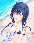  1girl 1other :d absurdres alternate_costume areola_slip bandaid bandaids_on_nipples bare_shoulders beach bikini bikini_pull bikini_top_pull black_bikini black_hair black_hairband blurry blush breasts chromatic_aberration cleavage clothes_pull collarbone commentary covered_nipples day depth_of_field dutch_angle eyelashes eyes_visible_through_hair floating_hair from_above hair_between_eyes hair_over_breasts hair_over_shoulder hairband happy highres kushima_kamome large_breasts long_hair looking_at_viewer mu-chu ocean one_breast_out open_mouth outdoors pasties pov pov_hands presenting_breasts pulling_own_clothes side-tie_bikini_bottom sitting smile solo_focus straight_hair summer_pockets sweatdrop swimsuit upturned_eyes very_long_hair yellow_eyes yellow_pupils 