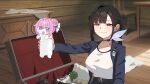  1girl :3 :d absurdres black_choker blush_stickers breasts brown_eyes chair choker derivative_work doro_(nikke) goddess_of_victory:_nikke grin half-closed_eyes hand_up hashtag-only_commentary highres id_card indoors jacket large_breasts looking_at_viewer meme open_clothes open_jacket open_suitcase outstretched_arm parody pink_hair scene_reference screenshot_background screenshot_redraw shirt short_hair smile solo sora_(nikke) sousou_no_frieren table twintails upper_body wge white_shirt you_can_just_give_this_kind_of_thing_to_men_and_they_will_be_thrilled_(meme) 