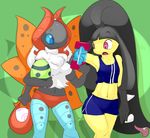  2015 anthro arthropod black_hair blue_eyes breasts butt clothed clothing duo egg elpatrixf eyelashes female hair insect mawile mega_stone moth navel nintendo open_mouth panties pok&eacute;mon red_eyes shadow shiny shorts standing teeth tongue tongue_out underwear video_games volcarona wings 
