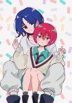  1boy 1girl :i amate_yuzuriha aqua_eyes between_legs black_necktie blue_hair blush collared_shirt colored_inner_hair commentary_request feet_out_of_frame gundam gundam_gquuuuuux holding_hands long_sleeves multicolored_hair necktie nekomo_nya pants purple_hair red_eyes red_hair red_necktie school_uniform shirt shoes short_hair shuji_ito sitting sitting_between_lap skirt smile striped_necktie sweater two-tone_hair two-tone_necktie white_shirt 