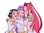  3girls ari_vsart artist_name belt black_hair body_markings braid brown_eyes closed_eyes covered_collarbone crop_top cropped_jacket demon_girl double_bun english_commentary eyeliner eyeshadow friends group_hug hair_bun hair_ornament hair_up hand_on_another&#039;s_arm hand_on_another&#039;s_shoulder happy highres hug hug_from_side kpop_demon_hunters leaning_on_person leaning_to_the_side light_blush long_braid long_sleeves looking_back makeup mira_(kpop_demon_hunters) multiple_girls official_alternate_costume one_eye_closed open_mouth orange_eyeliner orange_eyeshadow parted_lips purple_hair red_hair red_lips rumi_(kpop_demon_hunters) shade short_bangs simple_background single_braid skirt sleeveless smile standing tan tearing_up teeth twintails upper_body upper_teeth_only white_background zoey_(kpop_demon_hunters) 