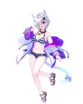  1girl :d absurdres animal_ear_fluff animal_ears bell bikini bow breasts cat_ears cat_hair_ornament cat_tail cleavage grey_hair hair_ornament hair_over_one_eye hasumi_(hasubatake39) highres jacket kuon_(hasumi_(hasubatake39)) long_sleeves medium_breasts micro_shorts neck_bell open_clothes open_jacket original purple_nails red_eyes sandals short_hair shorts smile solo striped_bikini striped_clothes swimsuit tail tail_bow tail_ornament 