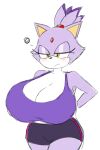 2022 annoyed anthro athletic_wear big_breasts biped blaze_the_cat blush bottomwear breast_focus breasts camel_toe cleavage clothed clothing countershade_face countershade_torso countershading crop_top digital_drawing_(artwork) digital_media_(artwork) domestic_cat exercise_clothing eyelashes felid feline felis female forehead_gem frown gem glistening_eyelids hair hand_behind_back hi_res huge_breasts mammal momijizx multicolored_body narrowed_eyes portrait purple_body purple_hair sega shirt shorts shy solo sonic_the_hedgehog_(series) standing three-quarter_portrait three-quarter_view tied_hair topwear two_tone_body white_body wide_hips yellow_eyes