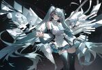  1girl :d aqua_eyes aqua_hair aqua_necktie arm_up arrow_(projectile) black_boots black_skirt black_sleeves boots breasts buri_(retty9349) collared_shirt commentary cowboy_shot detached_sleeves electric_guitar floating_clothes floating_hair frills grey_shirt guitar hatsune_miku headset high_collar highres instrument long_hair looking_at_viewer miniskirt necktie open_mouth paintbrush partially_colored pleated_skirt pliers shirt skirt sleeveless sleeveless_shirt small_breasts smile solo string string_of_fate thigh_boots twintails upper_body very_long_hair violin vocaloid wide_sleeves zettai_ryouiki 