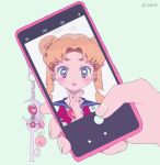  1girl alternate_hairstyle animated animated_gif artist_name bishoujo_senshi_sailor_moon bishoujo_senshi_sailor_moon_stars blinking blonde_hair blue_eyes blush brooch cellphone cellphone_charm cellphone_photo charm_(object) double_bun earrings eternal_sailor_moon facial_mark finger_to_own_chin forehead_mark gloves hair_bun hand_up heart heart_brooch hoop jewelry key looping_animation phone ponytail sailor_moon school_uniform serafuku simple_background sleeveless sleeveless_turtleneck smile star_(symbol) star_earrings stud_earrings tsukino_usagi turtleneck twintails two_side_up vivinos white_gloves wing_brooch 
