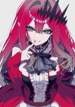  1girl ascot baobhan_sith_(fate) baobhan_sith_(first_ascension)_(fate) bare_shoulders breasts center_frills closed_mouth detached_collar detached_sleeves dress earrings fang fate/grand_order fate_(series) frills grey_eyes highres jewelry large_breasts long_hair looking_at_viewer neko_daruma pink_hair pointy_ears red_dress sidelocks smile solo tiara 