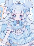  1girl :&lt; ahoge back_bow blue_border blue_bow blue_bowtie blue_dress blue_eyes blue_hair blue_theme blunt_bangs border bow bowtie brooch buttons center_frills closed_mouth collared_shirt commentary cowboy_shot double_bun dress dress_shirt elbow_gloves english_commentary eyelashes eyeshadow frilled_dress frilled_sleeves frills frown gloves grid_background hair_bow hair_bun hair_intakes hair_ornament high_collar highres holding holding_wand jewelry large_bow light_blush long_hair magical_girl makeup original outline outside_border pink_eyeshadow puffy_short_sleeves puffy_sleeves sad shirt shirt_under_dress short_dress short_sleeves sidelocks solo standing star-shaped_hair star_(symbol) star_brooch star_hair_ornament star_wand teardrop tearing_up upa_papa_co very_long_hair wand white_background white_gloves white_outline white_shirt white_sleeves wing_hair_ornament 